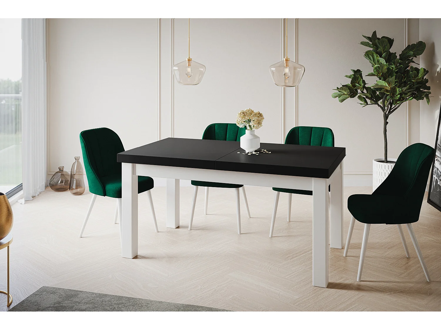 Table de salle à manger rectangulaire CLASSIC, table extensible, dimensions : 140-180X80X78 cm, couleur : noir, avec pieds en bois de couleur blanche