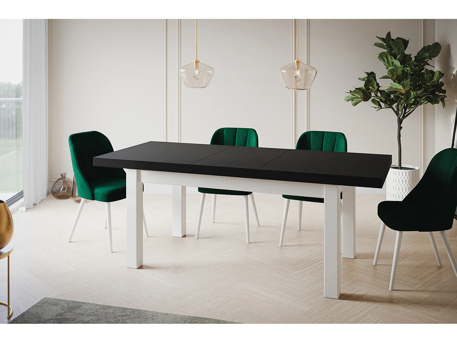 Table de salle à manger rectangulaire CLASSIC, table extensible, dimensions : 140-180X80X78 cm, couleur : noir, avec pieds en bois de couleur blanche