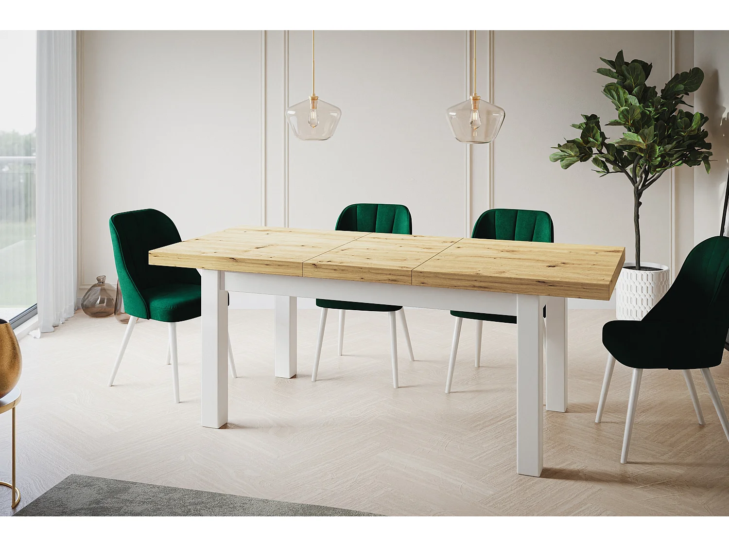 Table de salle à manger rectangulaire CLASSIC, table extensible, dimensions : 170-250X90X78 cm, couleur : ARTISAN, avec pieds en bois de couleur blanche