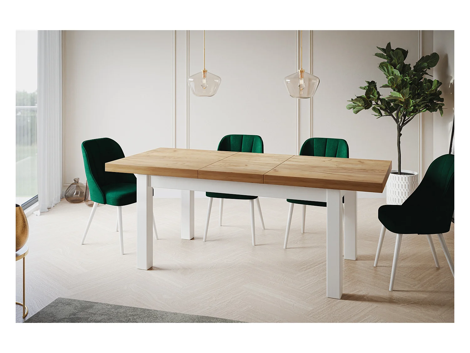 Table de salle à manger rectangulaire CLASSIC, table extensible, dimensions : 160-210X90X78 cm, couleur : CRAFT, avec pieds en bois de couleur blanche