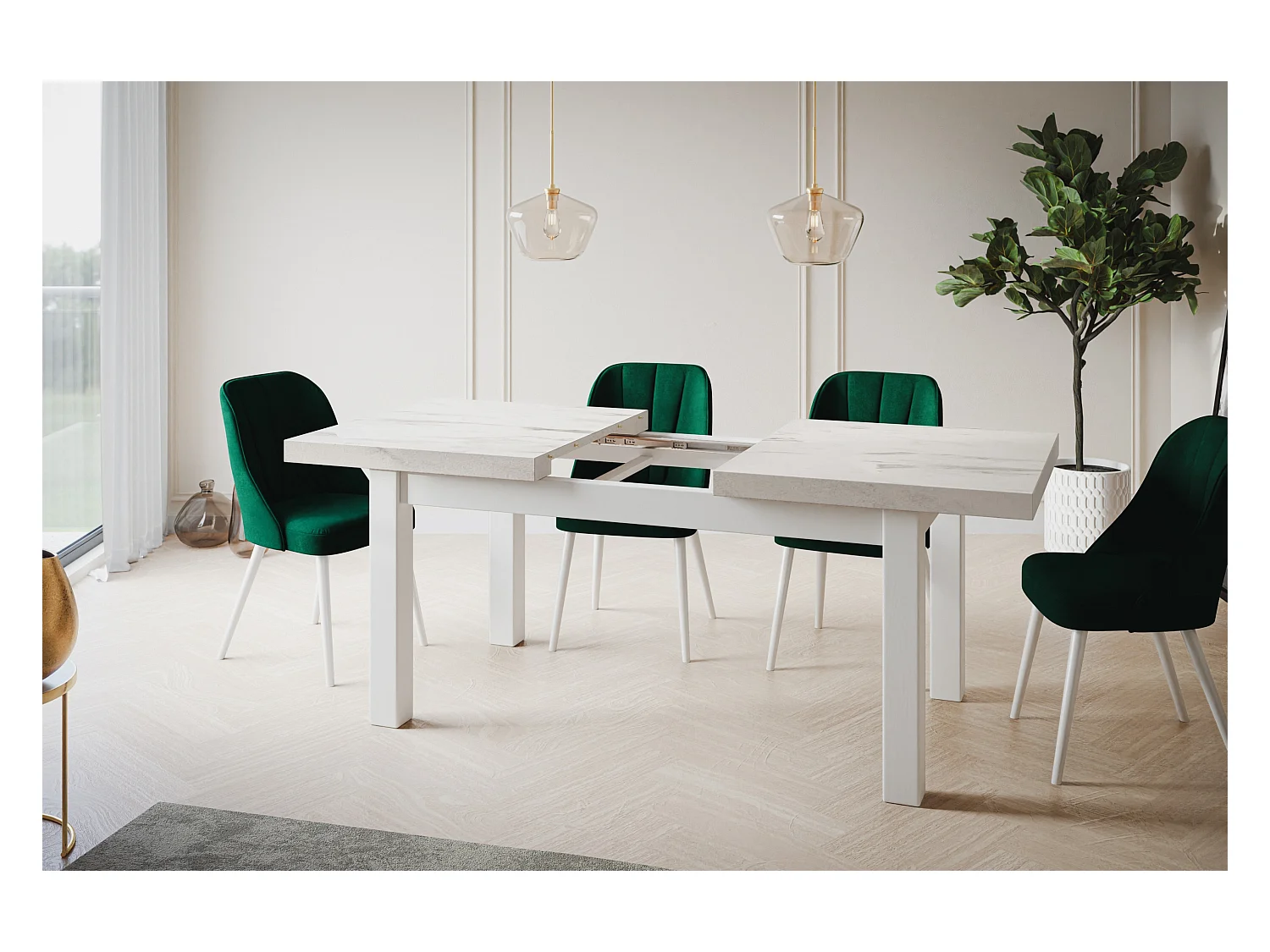 Table de salle à manger rectangulaire CLASSIC, table extensible, dimensions : 160-210X90X78 cm, couleur : MARMUR, avec pieds en bois de couleur blanche