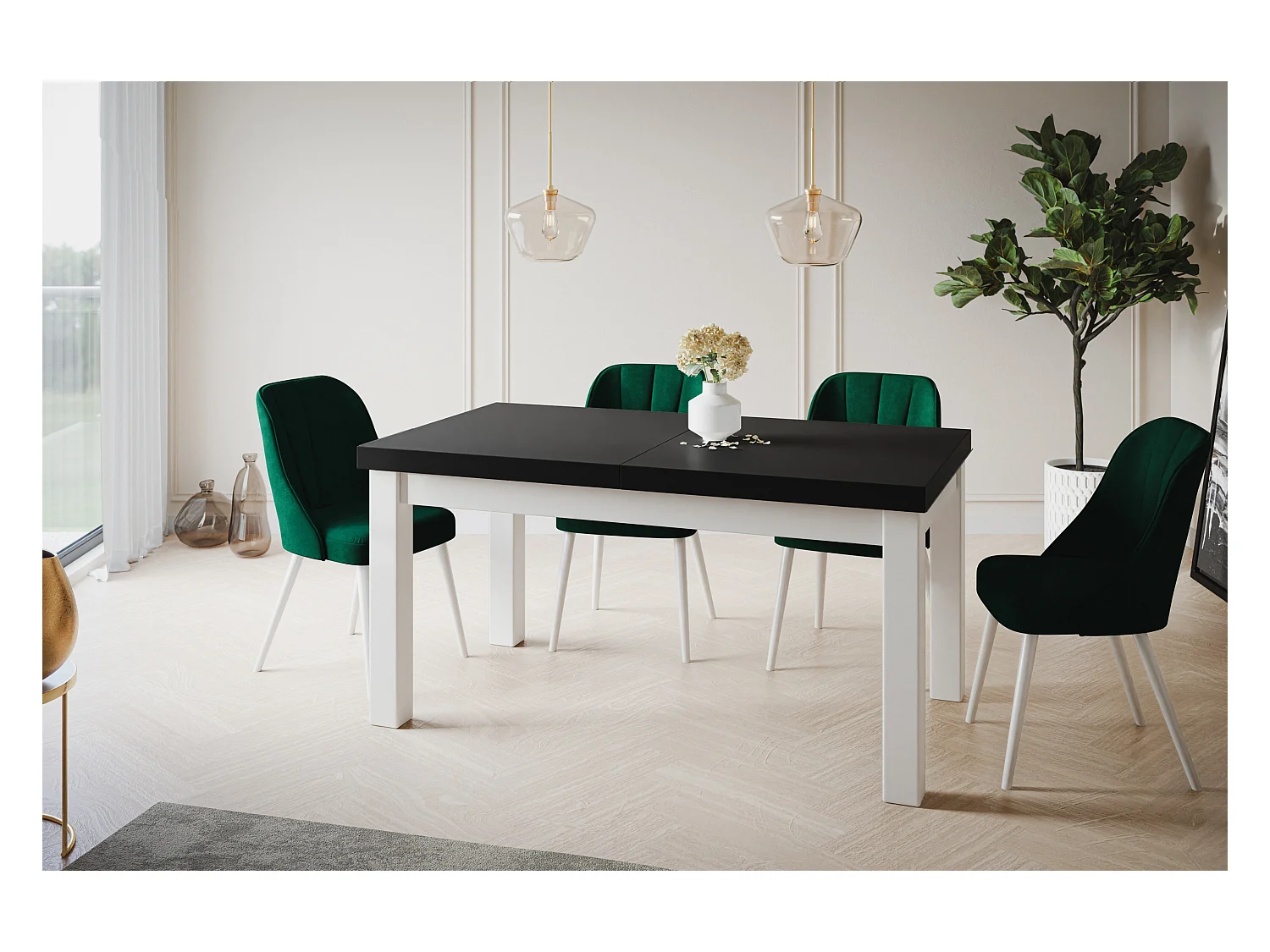 Table de salle à manger rectangulaire CLASSIC, table extensible, dimensions : 200-300X100X78 cm, couleur : noir, avec pieds en bois de couleur blanche