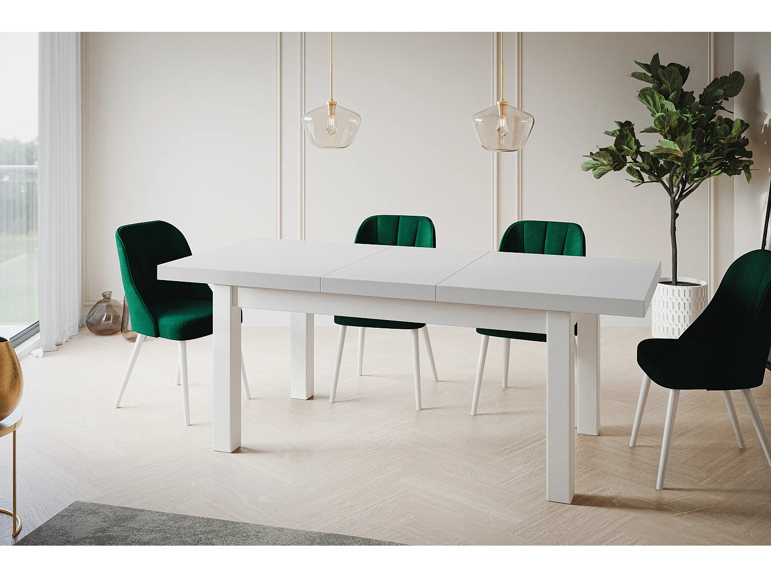 Table de salle à manger rectangulaire CLASSIC, table extensible, dimensions : 160-210X90X78 cm, couleur : blanc, avec pieds en bois de couleur blanche