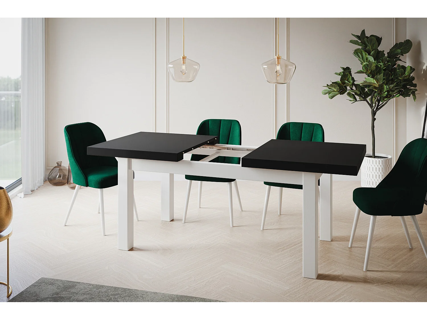 Table de salle à manger rectangulaire CLASSIC, table extensible, dimensions : 120-160X80X78 cm, couleur : noir, avec pieds en bois de couleur blanche