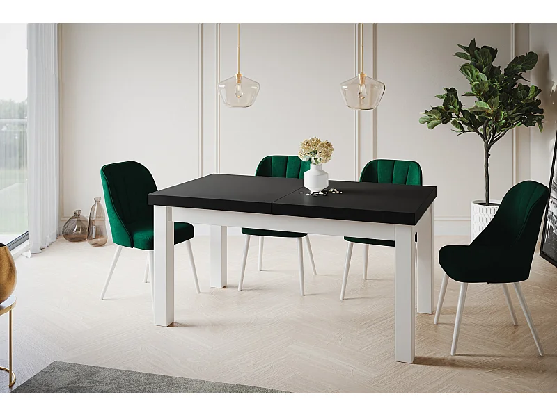 Table de salle à manger rectangulaire CLASSIC, table extensible, dimensions : 160-210X90X78 cm, couleur : noir, avec pieds en bois de couleur blanche