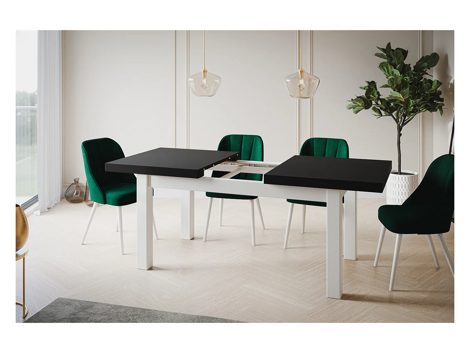 Table de salle à manger rectangulaire CLASSIC, table extensible, dimensions : 160-210X90X78 cm, couleur : noir, avec pieds en bois de couleur blanche