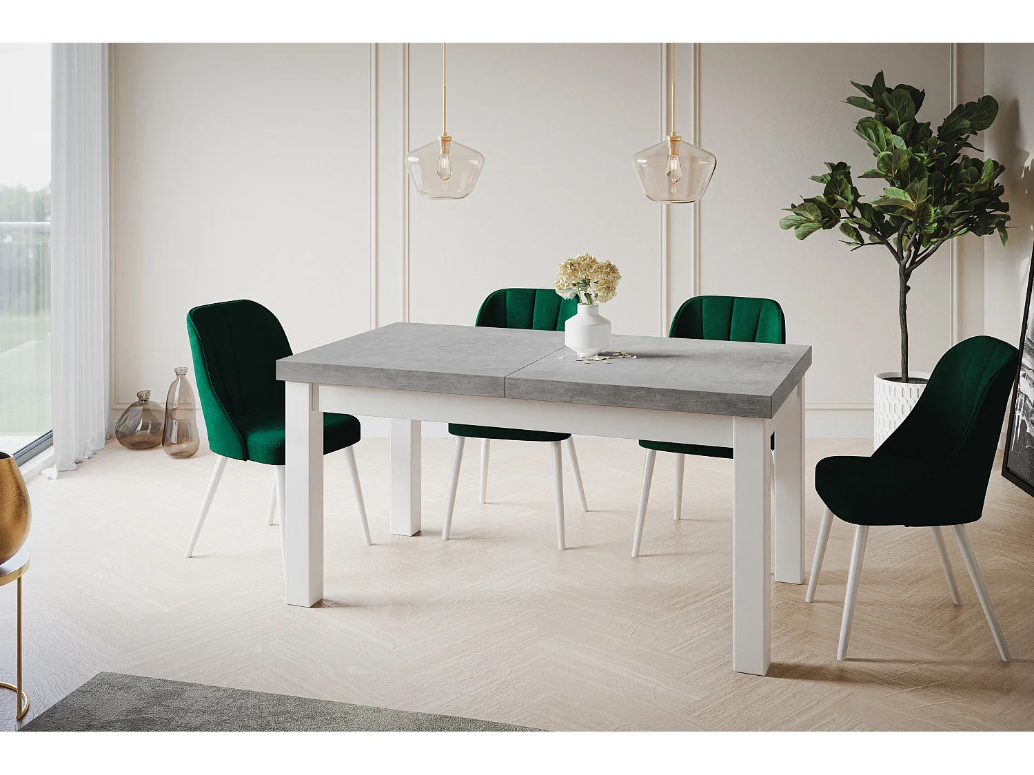 Table de salle à manger rectangulaire CLASSIC, table extensible, dimensions : 120-160X80X78 cm, couleur : ATELIER, avec pieds en bois de couleur blanche