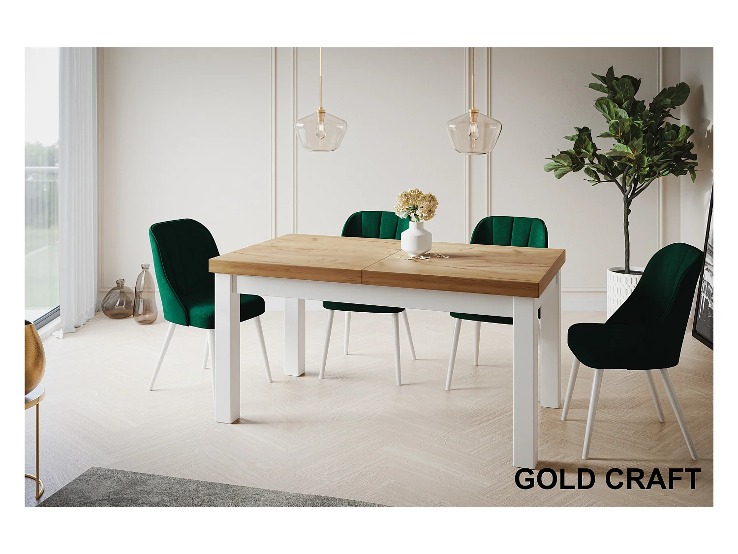 Table de salle à manger rectangulaire CLASSIC, table extensible, dimensions : 170-250X90X78 cm, couleur : CRAFT, avec pieds en bois de couleur blanche