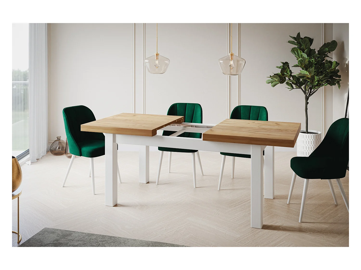 Table de salle à manger rectangulaire CLASSIC, table extensible, dimensions : 170-250X90X78 cm, couleur : CRAFT, avec pieds en bois de couleur blanche