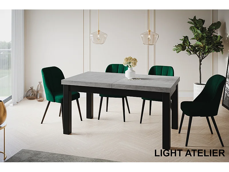 Table de salle à manger rectangulaire CLASSIC, table extensible, dimensions : 160-210X90X78 cm, couleur : ATELIER, avec pieds en bois de couleur blanche