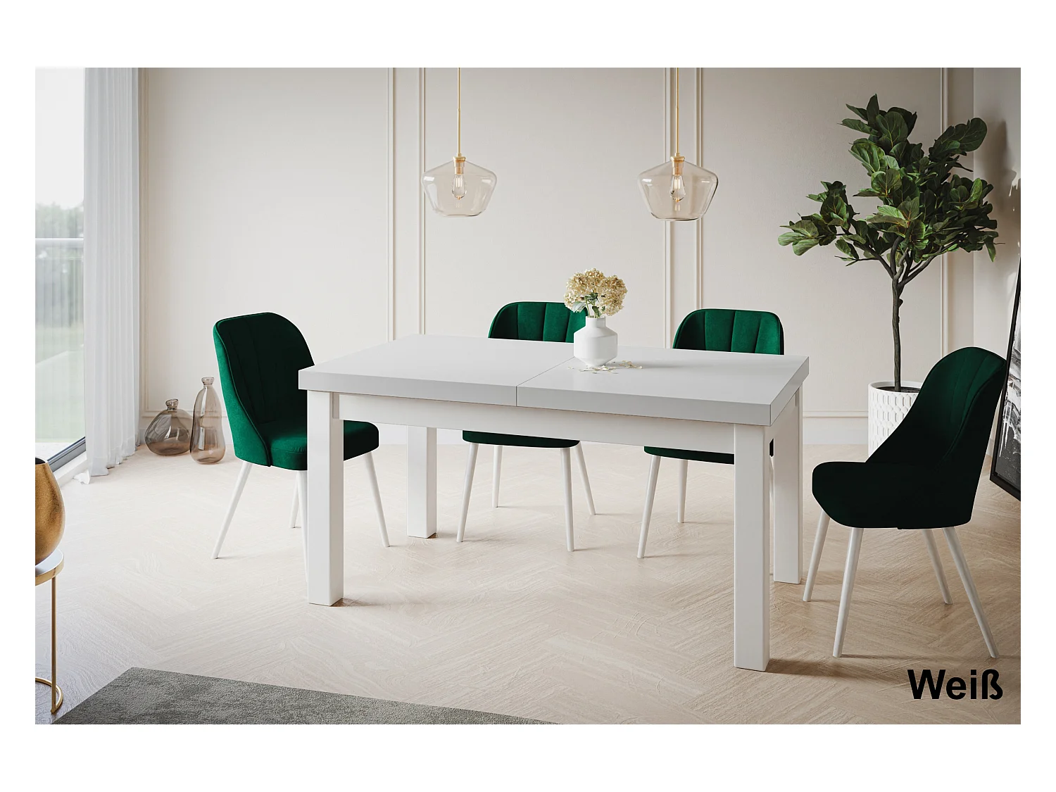 Table de salle à manger rectangulaire CLASSIC, table extensible, dimensions : 120-160X80X78 cm, couleur : blanc, avec pieds en bois de couleur blanche