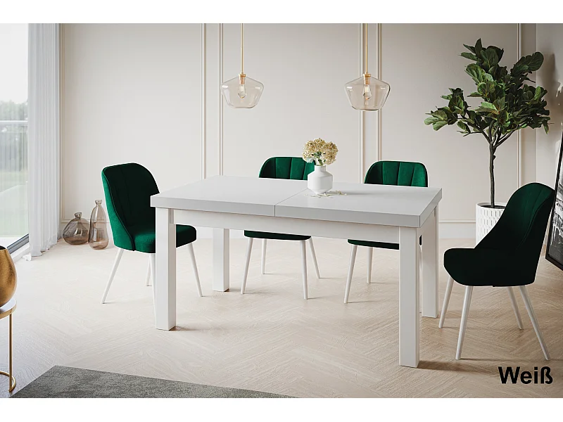 Table de salle à manger rectangulaire CLASSIC, table extensible, dimensions : 120-160X80X78 cm, couleur : blanc, avec pieds en bois de couleur blanche