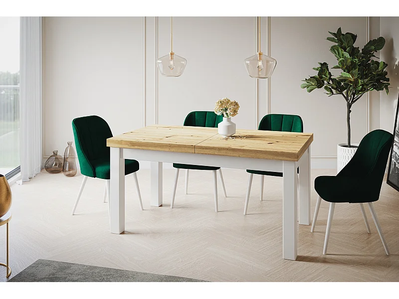 Table de salle à manger rectangulaire CLASSIC, table extensible, dimensions : 160-210X90X78 cm, couleur : ARTISAN, avec pieds en bois de couleur blanche