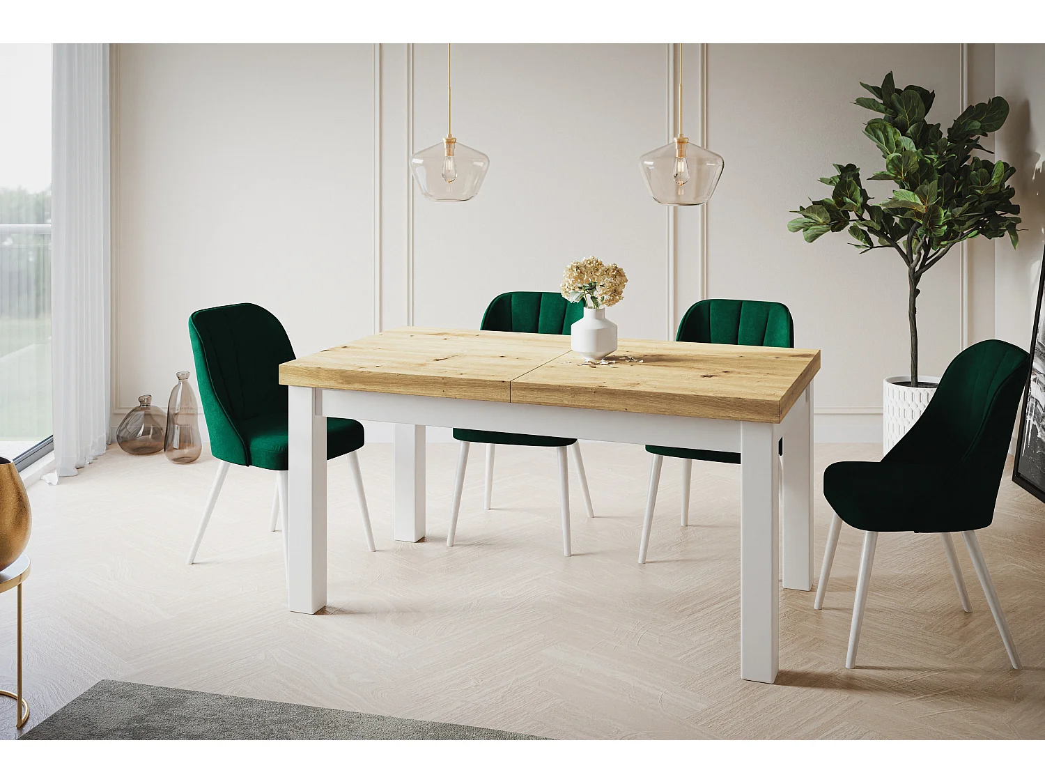 Table de salle à manger rectangulaire CLASSIC, table extensible, dimensions : 120-160X80X78 cm, couleur : ARTISAN, avec pieds en bois de couleur blanche