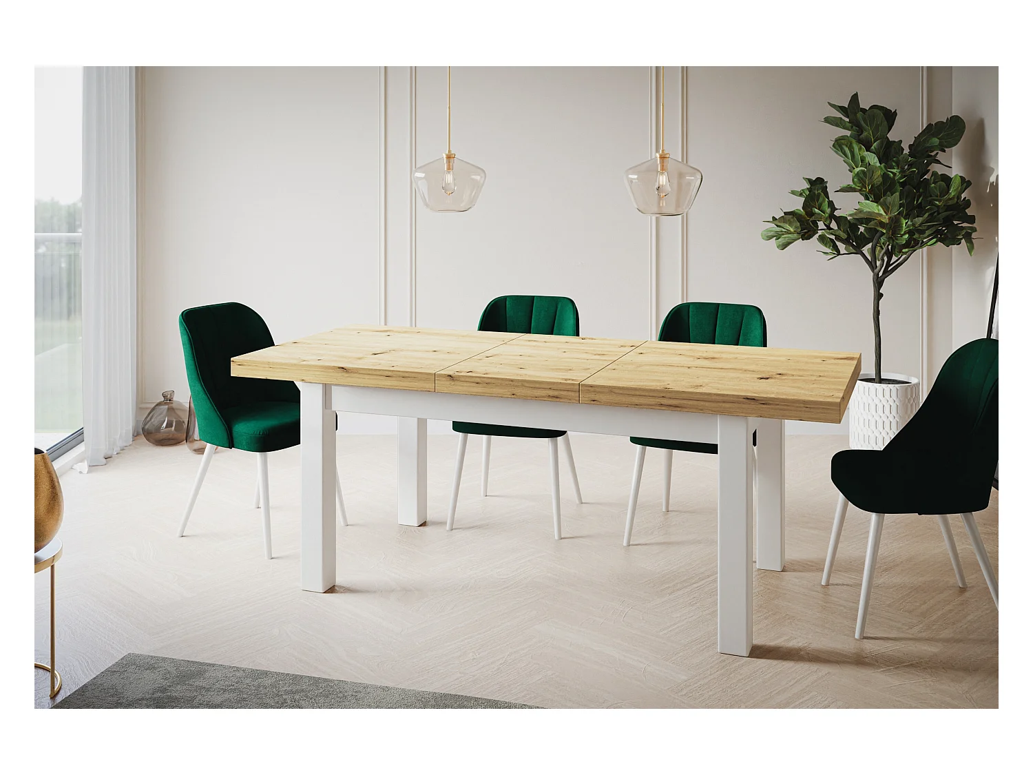 Table de salle à manger rectangulaire CLASSIC, table extensible, dimensions : 120-160X80X78 cm, couleur : ARTISAN, avec pieds en bois de couleur blanche