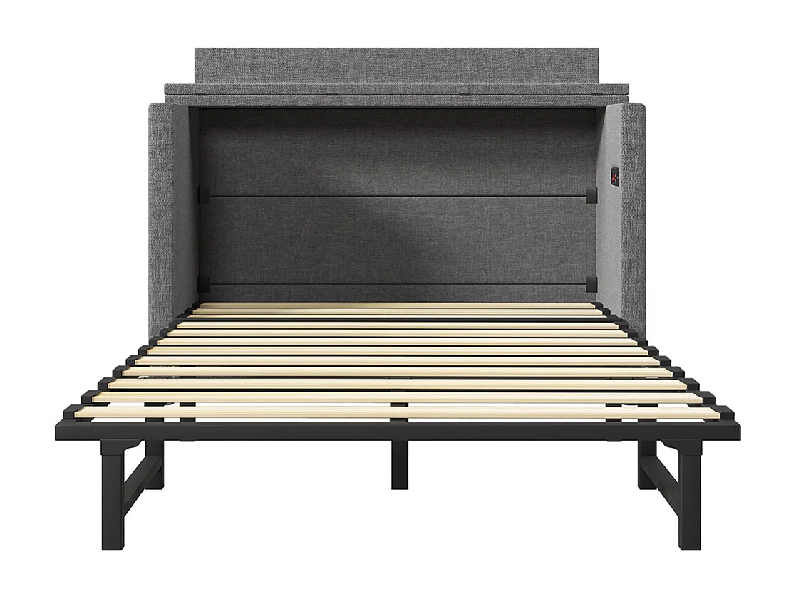 Lit escamotable mobile 140x200 cm tiroir rangement pied USB Type-C sans matelas lin gris