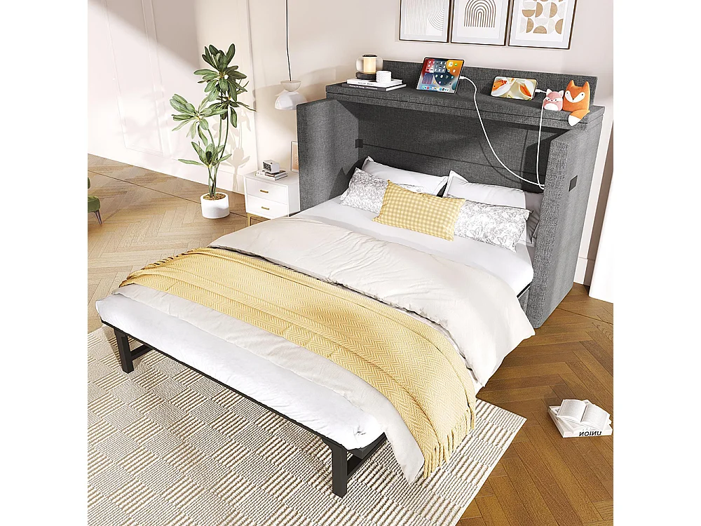 Lit escamotable mobile 140x200 cm tiroir rangement pied USB Type-C sans matelas lin gris