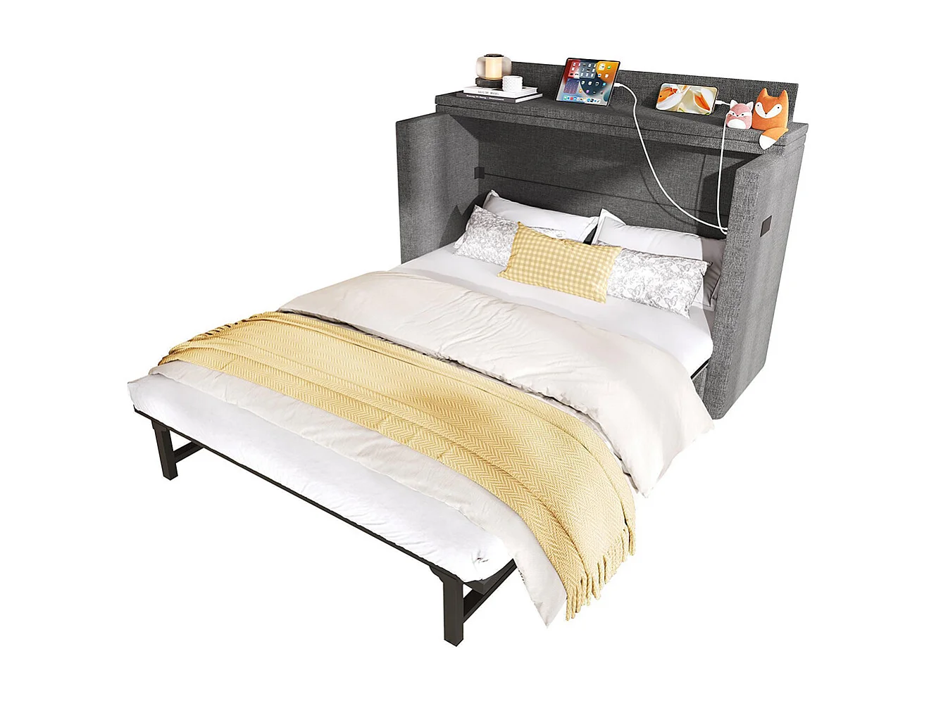 Lit escamotable mobile 140x200 cm tiroir rangement pied USB Type-C sans matelas lin gris