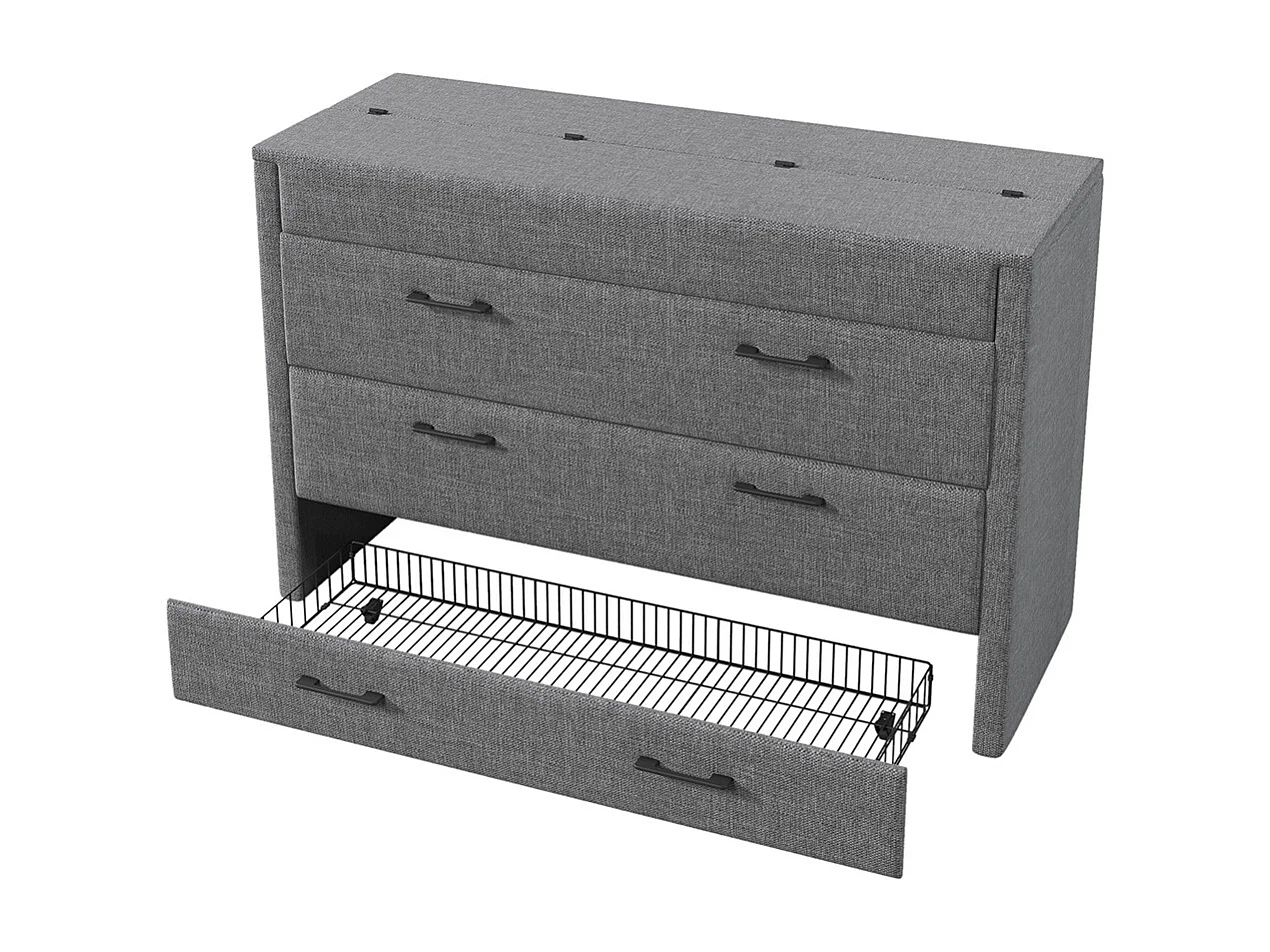 Lit escamotable mobile 140x200 cm tiroir rangement pied USB Type-C sans matelas lin gris