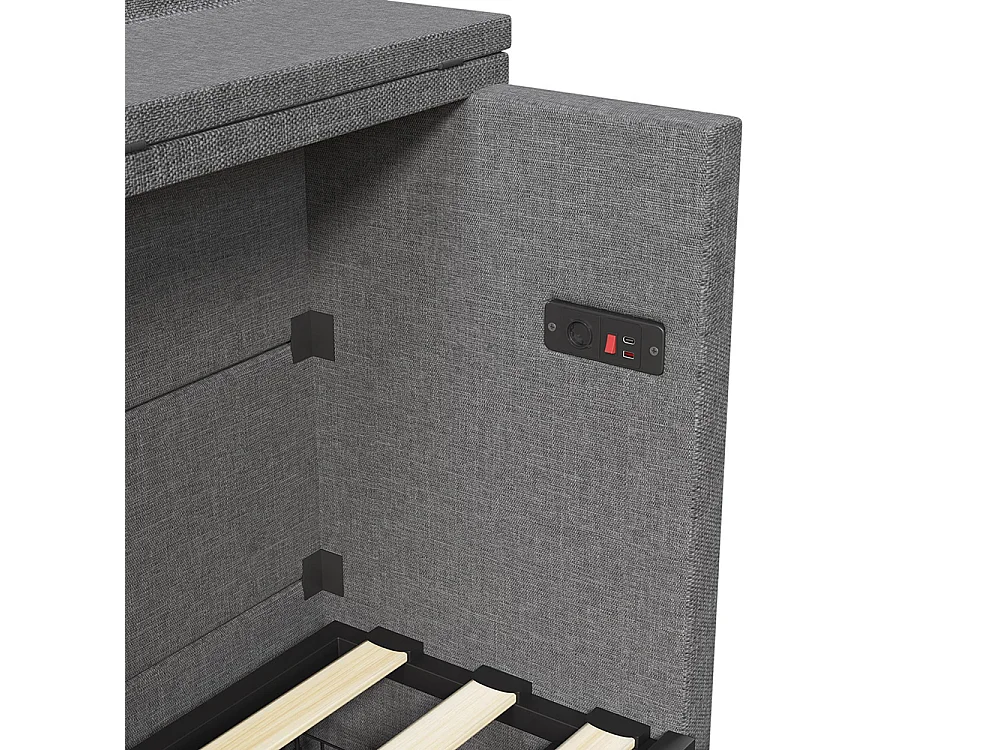 Lit escamotable mobile 140x200 cm tiroir rangement pied USB Type-C sans matelas lin gris