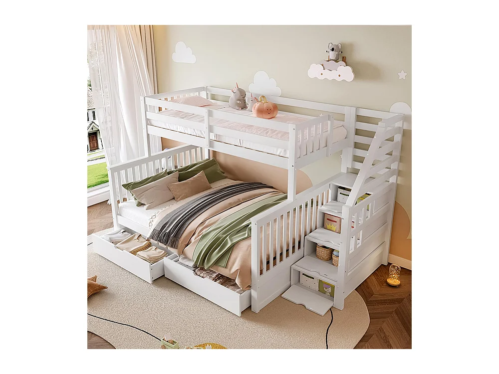Lit superposé 90x200 cm et 140x200 cm tiroirs rangement multifonction sans matelas blanc