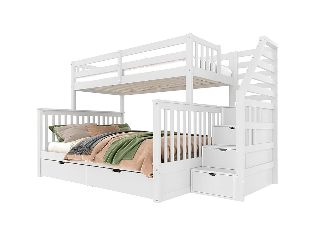 Lit superposé 90x200 cm et 140x200 cm tiroirs rangement multifonction sans matelas blanc