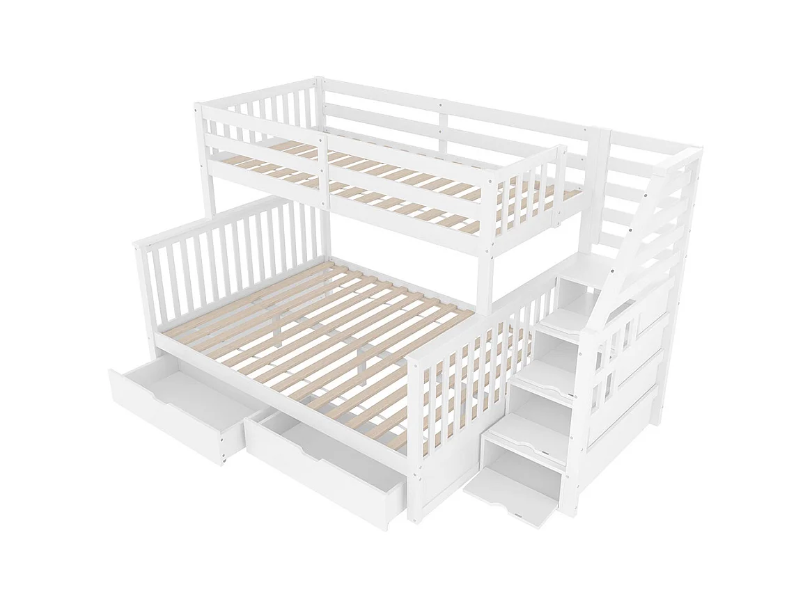 Lit superposé 90x200 cm et 140x200 cm tiroirs rangement multifonction sans matelas blanc