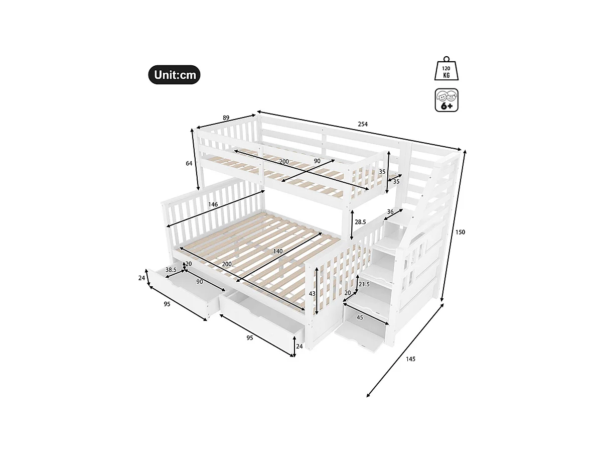 Lit superposé 90x200 cm et 140x200 cm tiroirs rangement multifonction sans matelas blanc