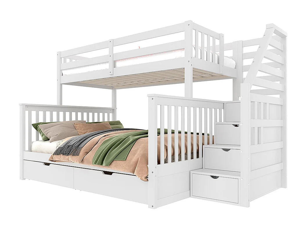 Lit superposé 90x200 cm et 140x200 cm tiroirs rangement multifonction sans matelas blanc