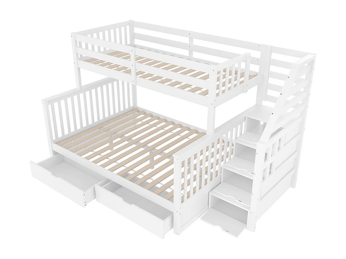 Lit superposé 90x200 cm et 140x200 cm tiroirs rangement multifonction sans matelas blanc