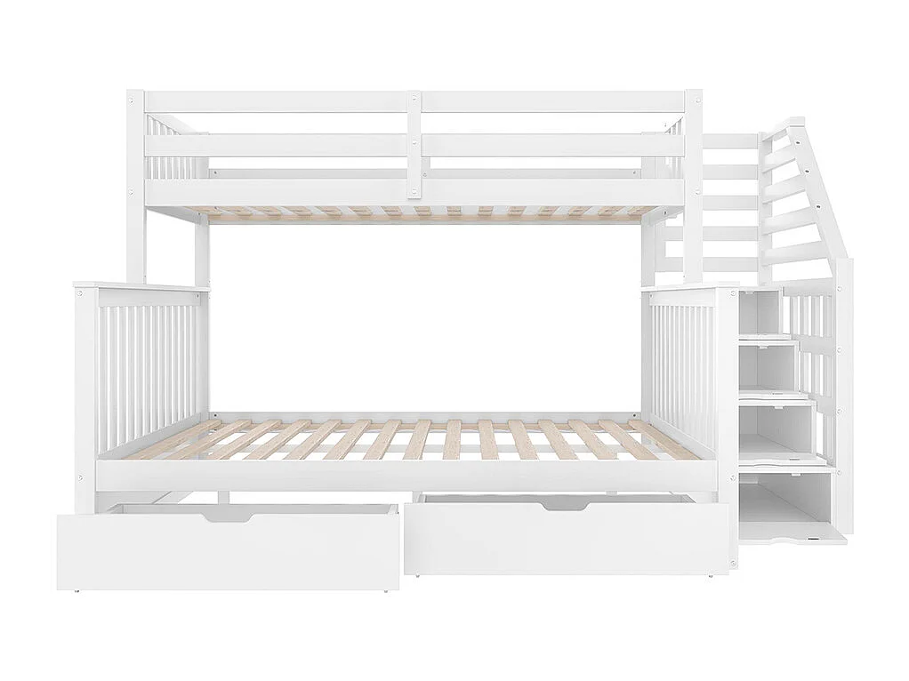 Lit superposé 90x200 cm et 140x200 cm tiroirs rangement multifonction sans matelas blanc