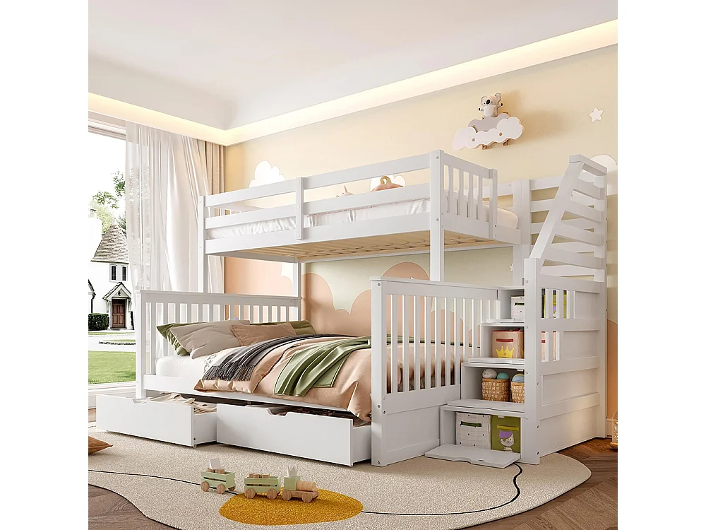 Lit superposé 90x200 cm et 140x200 cm tiroirs rangement multifonction sans matelas blanc