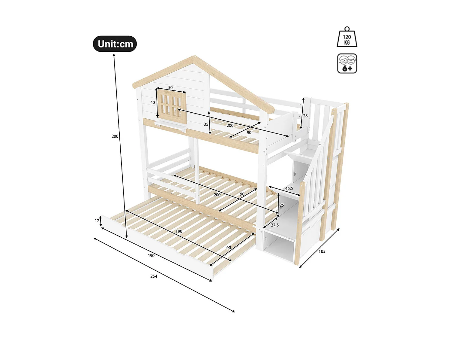 Lit superposé 90x200 cm barrière gigogne échelle rangement fenêtre maison blanc naturel