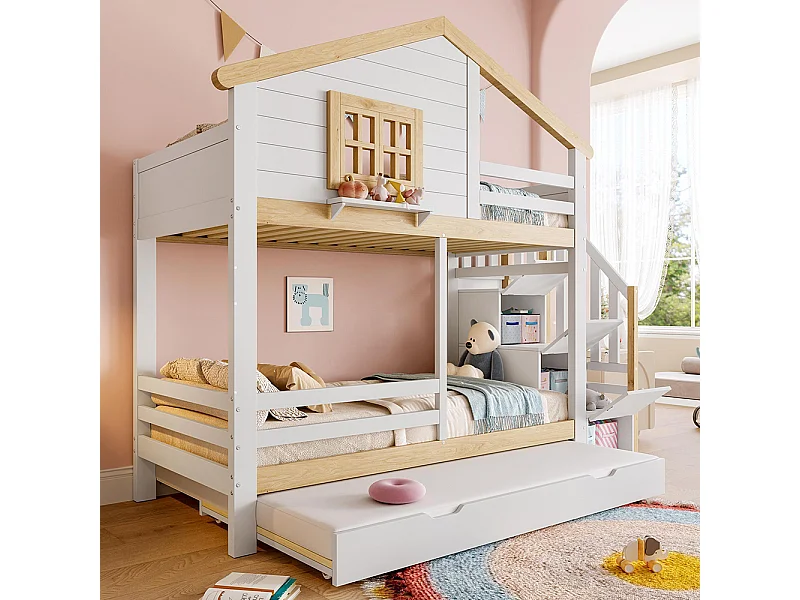 Lit superposé 90x200 cm barrière gigogne échelle rangement fenêtre maison blanc naturel