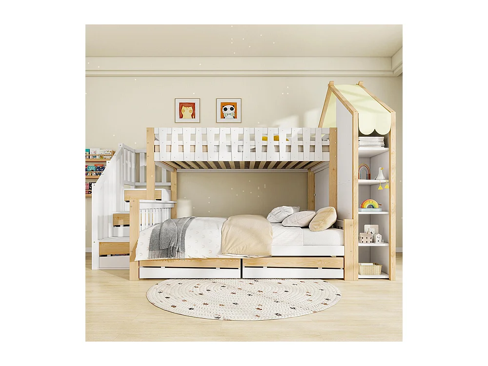 Lit superposé 90x200 cm et 140x200 cm barrières échelle rampe 2 tiroirs sans matelas blanc naturel