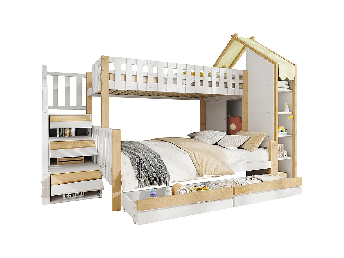 Lit superposé 90x200 cm et 140x200 cm barrières échelle rampe 2 tiroirs sans matelas blanc naturel