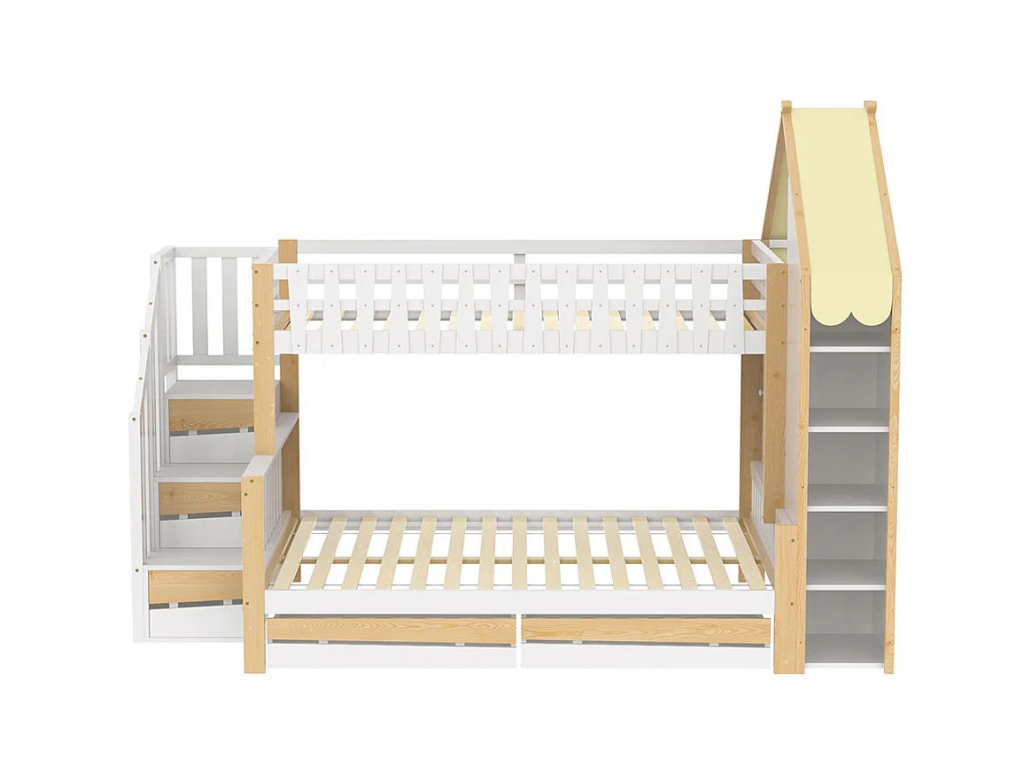 Lit superposé 90x200 cm et 140x200 cm barrières échelle rampe 2 tiroirs sans matelas blanc naturel