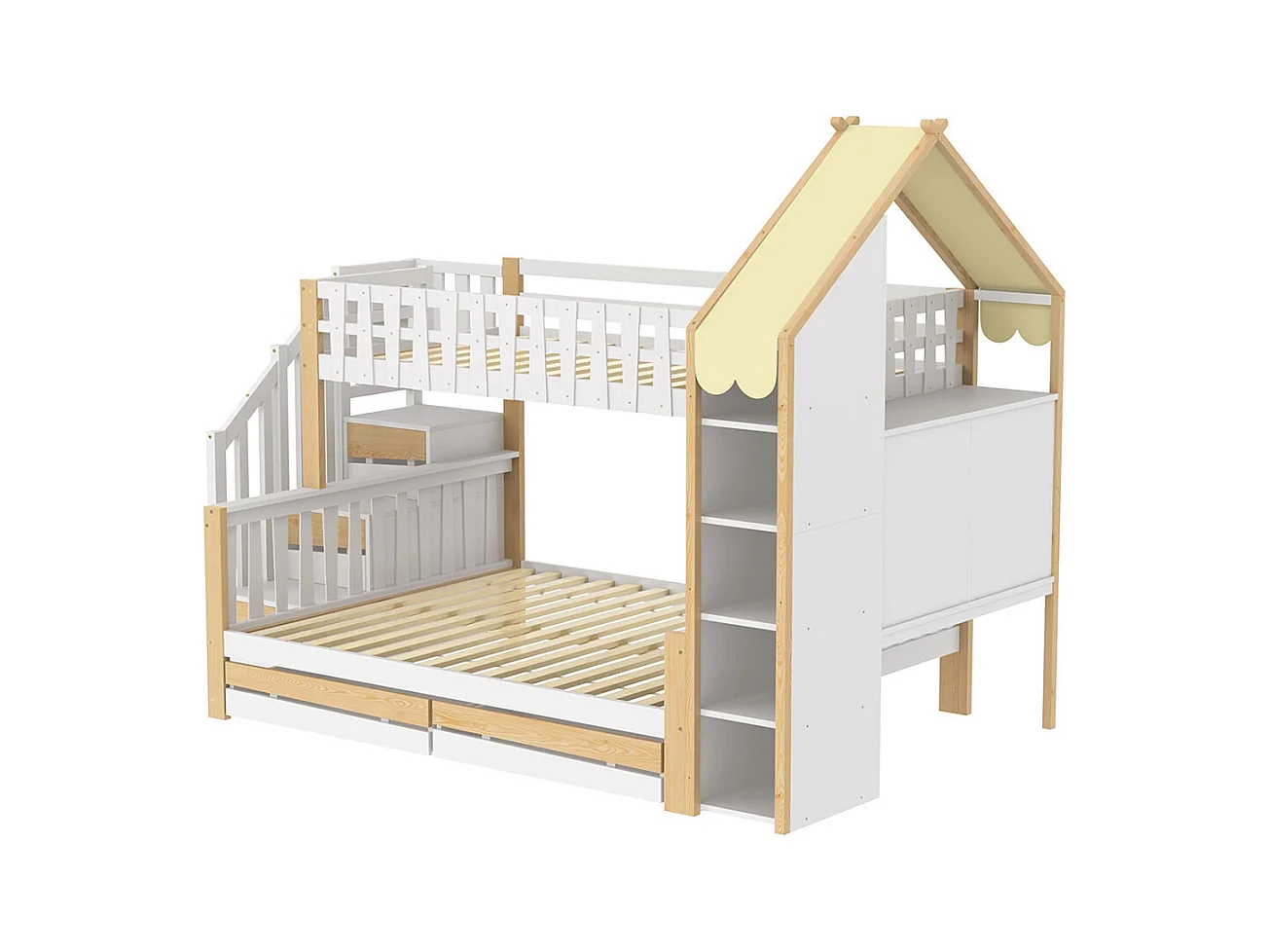 Lit superposé 90x200 cm et 140x200 cm barrières échelle rampe 2 tiroirs sans matelas blanc naturel