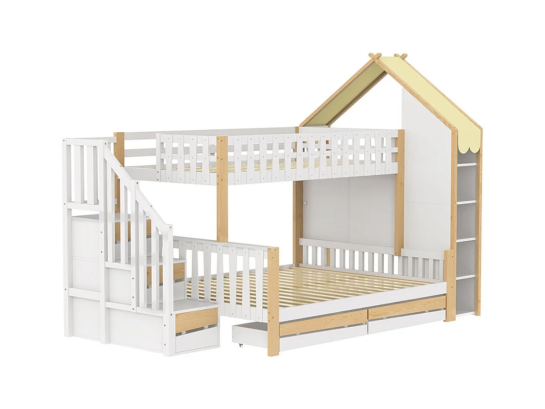 Lit superposé 90x200 cm et 140x200 cm barrières échelle rampe 2 tiroirs sans matelas blanc naturel