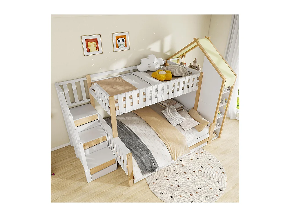 Lit superposé 90x200 cm et 140x200 cm barrières échelle rampe 2 tiroirs sans matelas blanc naturel