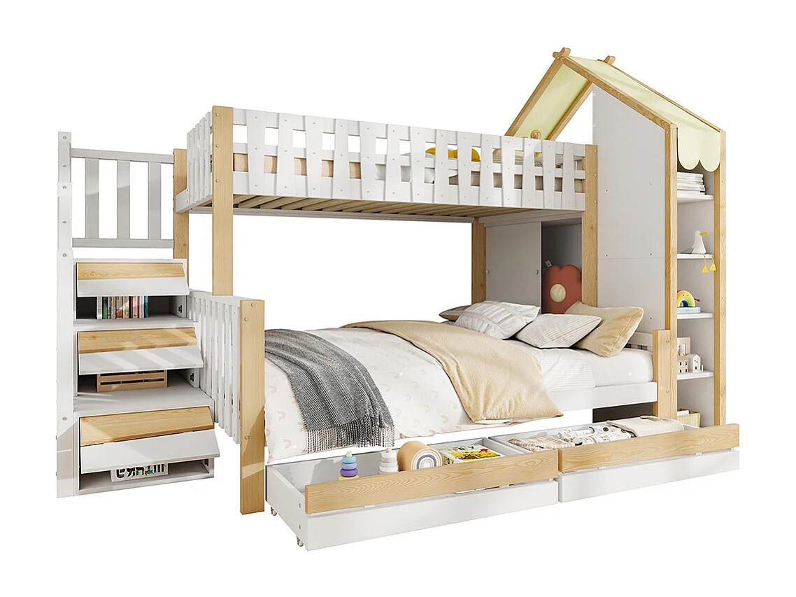 Lit superposé 90x200 cm et 140x200 cm barrières échelle rampe 2 tiroirs sans matelas blanc naturel
