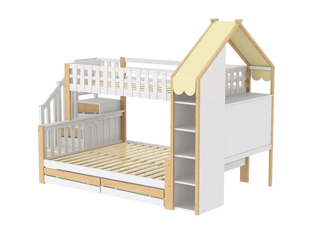Lit superposé 90x200 cm et 140x200 cm barrières échelle rampe 2 tiroirs sans matelas blanc naturel
