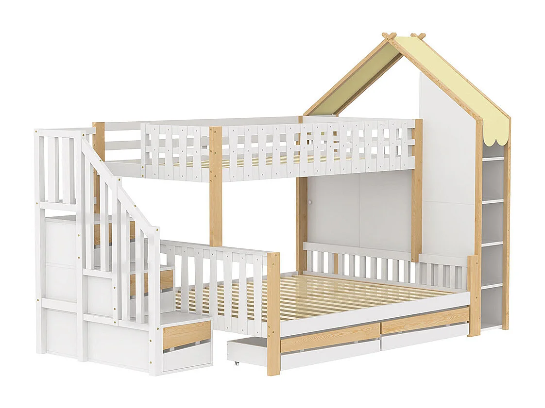 Lit superposé 90x200 cm et 140x200 cm barrières échelle rampe 2 tiroirs sans matelas blanc naturel
