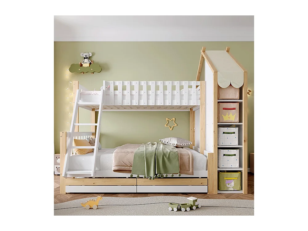 Lit superposé 90x200 cm et 140x200 cm barrière rampe échelle 2 tiroirs sans matelas blanc naturel