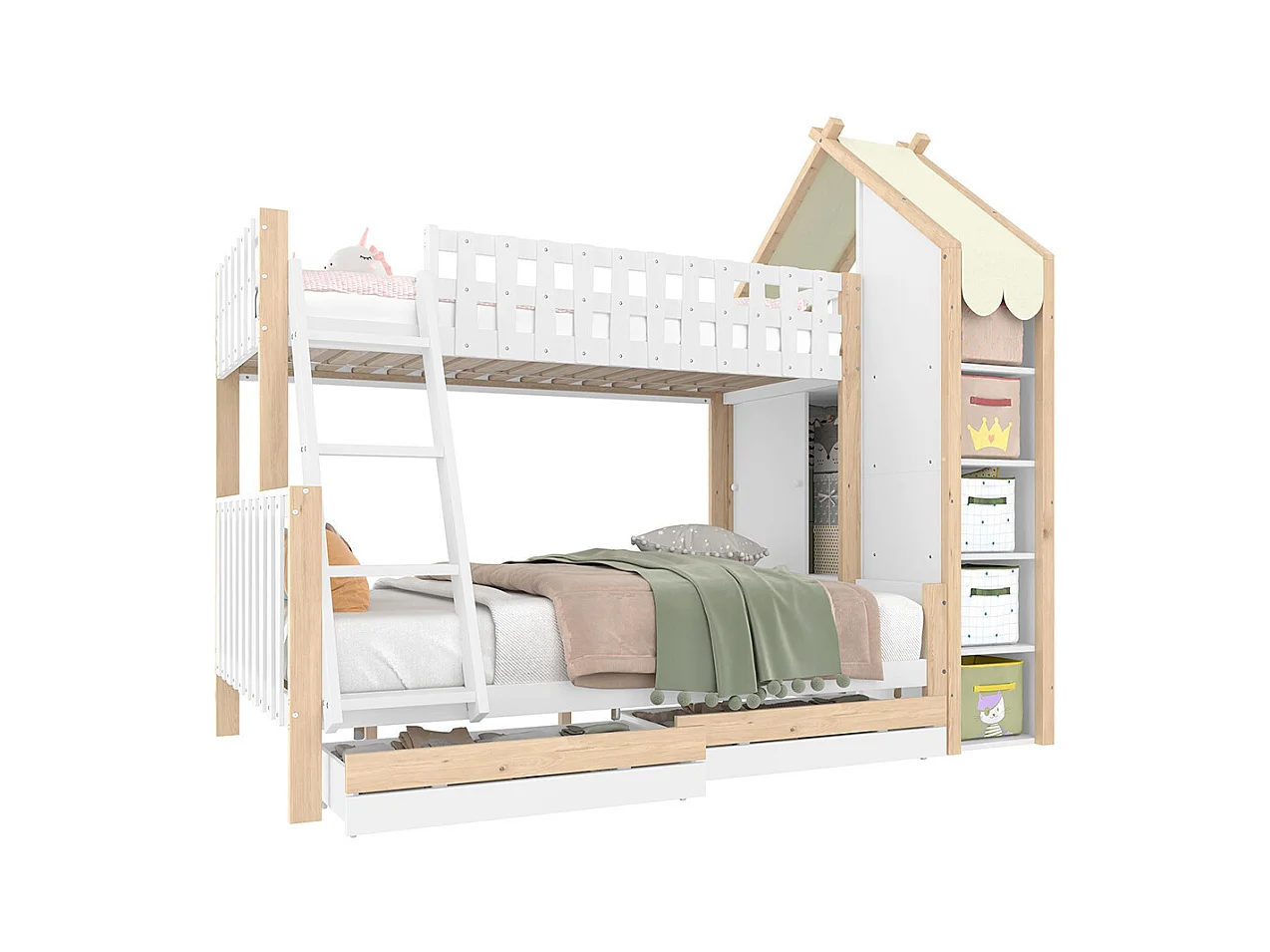 Lit superposé 90x200 cm et 140x200 cm barrière rampe échelle 2 tiroirs sans matelas blanc naturel