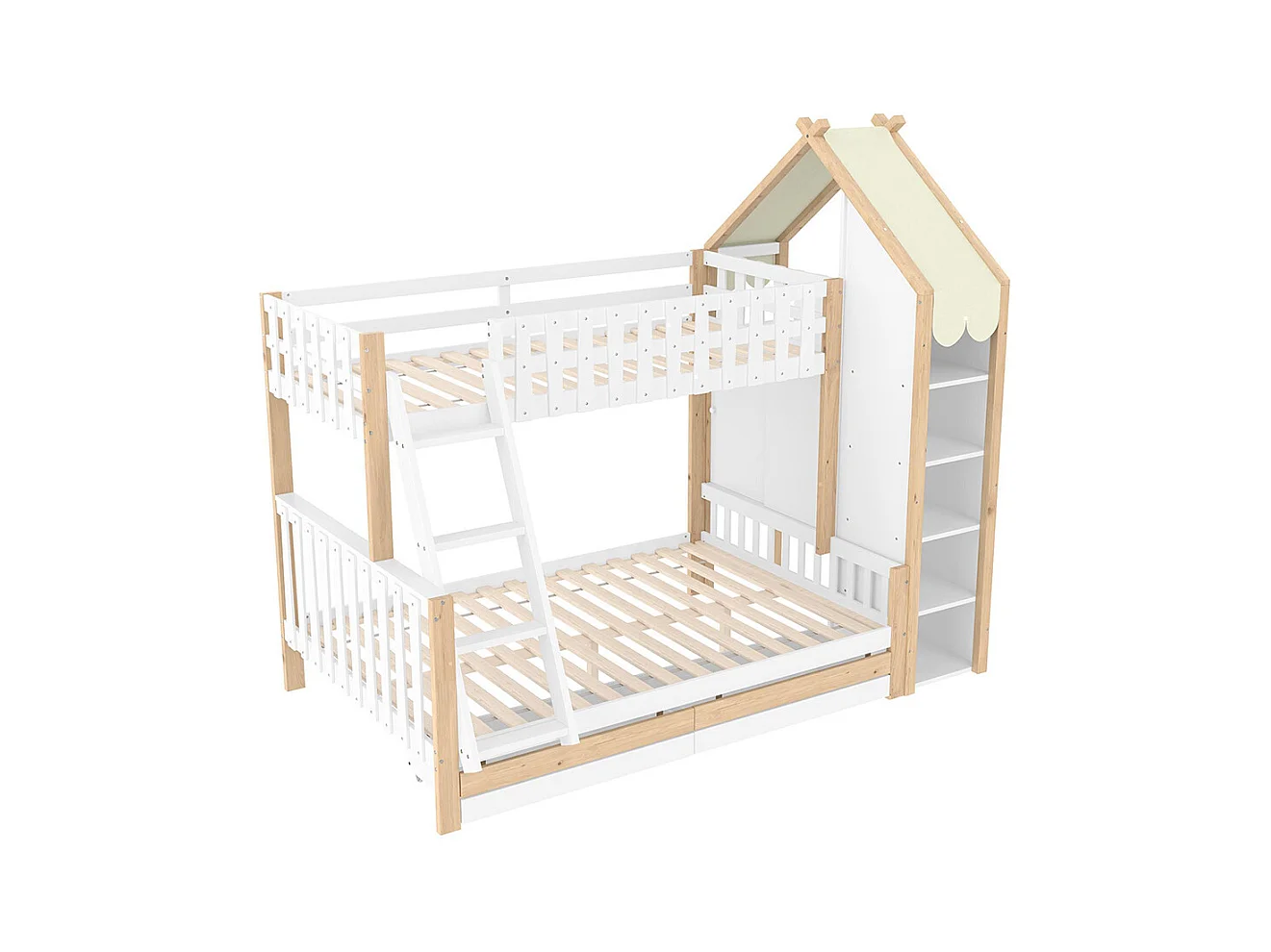 Lit superposé 90x200 cm et 140x200 cm barrière rampe échelle 2 tiroirs sans matelas blanc naturel