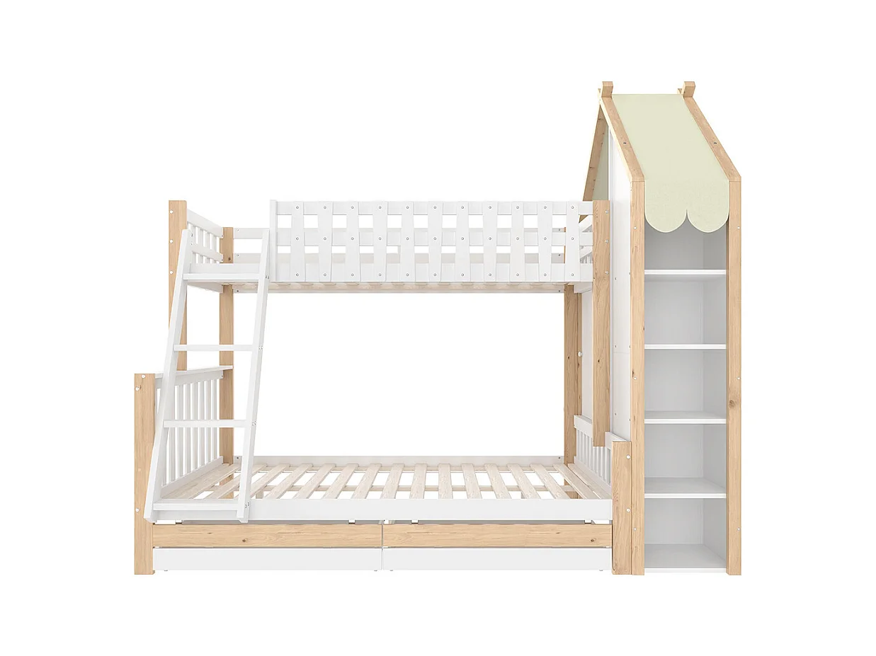 Lit superposé 90x200 cm et 140x200 cm barrière rampe échelle 2 tiroirs sans matelas blanc naturel