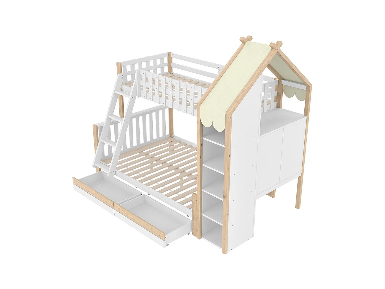 Lit superposé 90x200 cm et 140x200 cm barrière rampe échelle 2 tiroirs sans matelas blanc naturel
