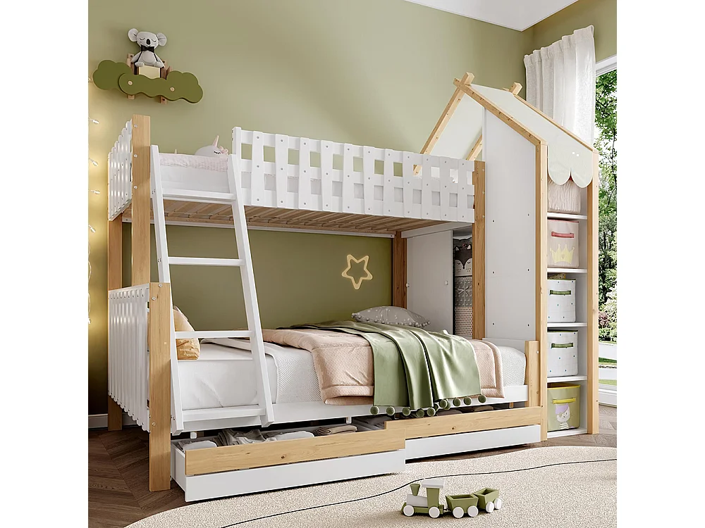 Lit superposé 90x200 cm et 140x200 cm barrière rampe échelle 2 tiroirs sans matelas blanc naturel