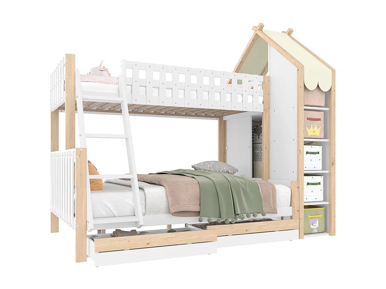 Lit superposé 90x200 cm et 140x200 cm barrière rampe échelle 2 tiroirs sans matelas blanc naturel